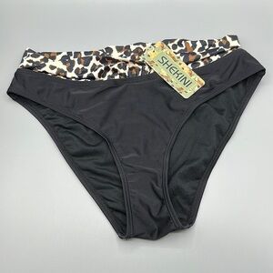 SHEKINI Black Leopard Twist Front High Waisted Bikini Bottoms Women's Medium NWT